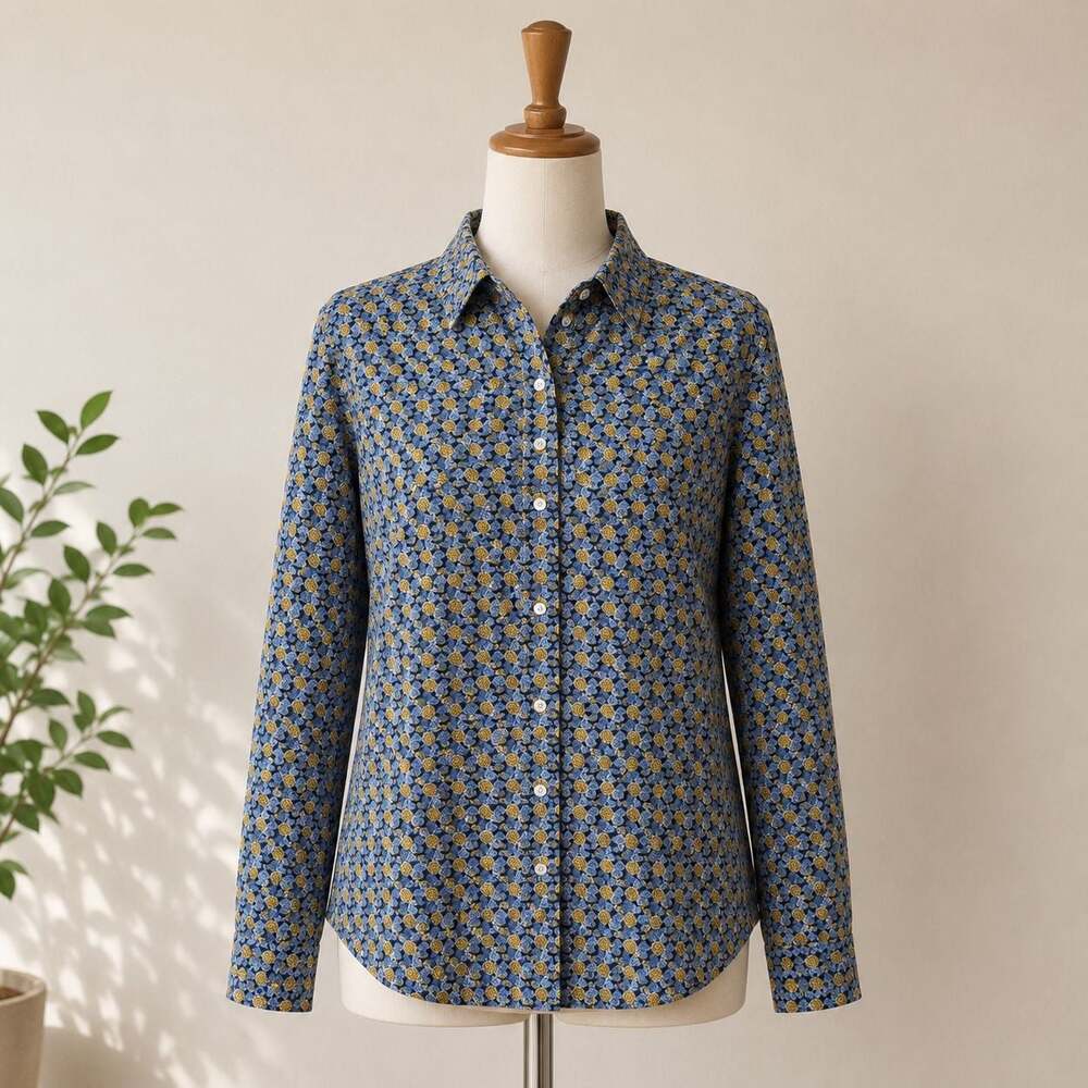 J. McLaughlin Women’s Pineapple Print Button Front Shirt Blue Yellow  Size L